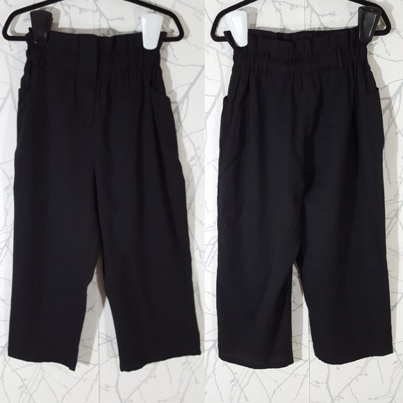 MNG Black Tencel Linen Elastic Paperbag High Rise Wide Leg Crop Pants Career - Picture 1 of 5
